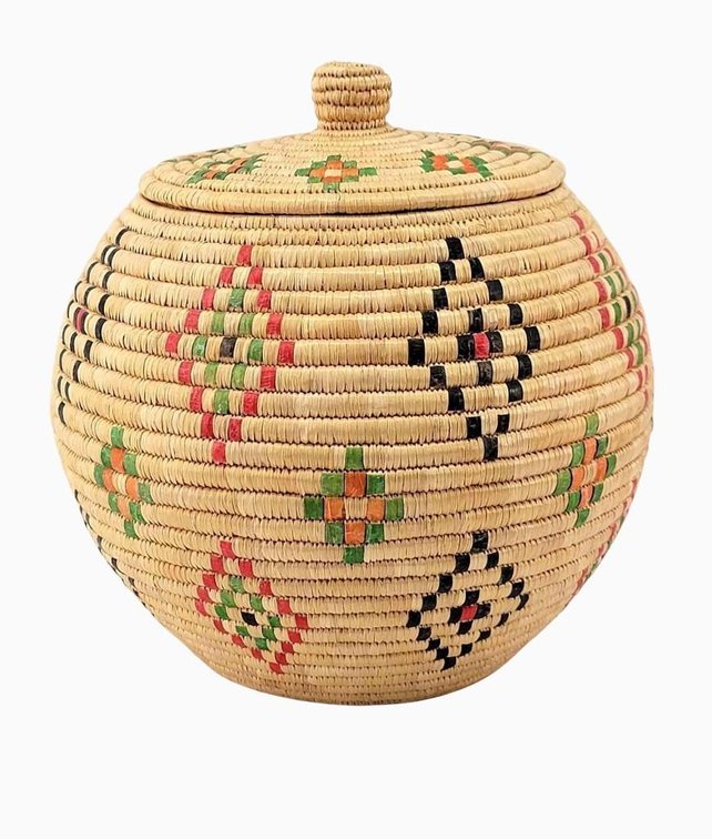 9" Yup'ik Coiled Grass Basket w/Dyed Seal Gut