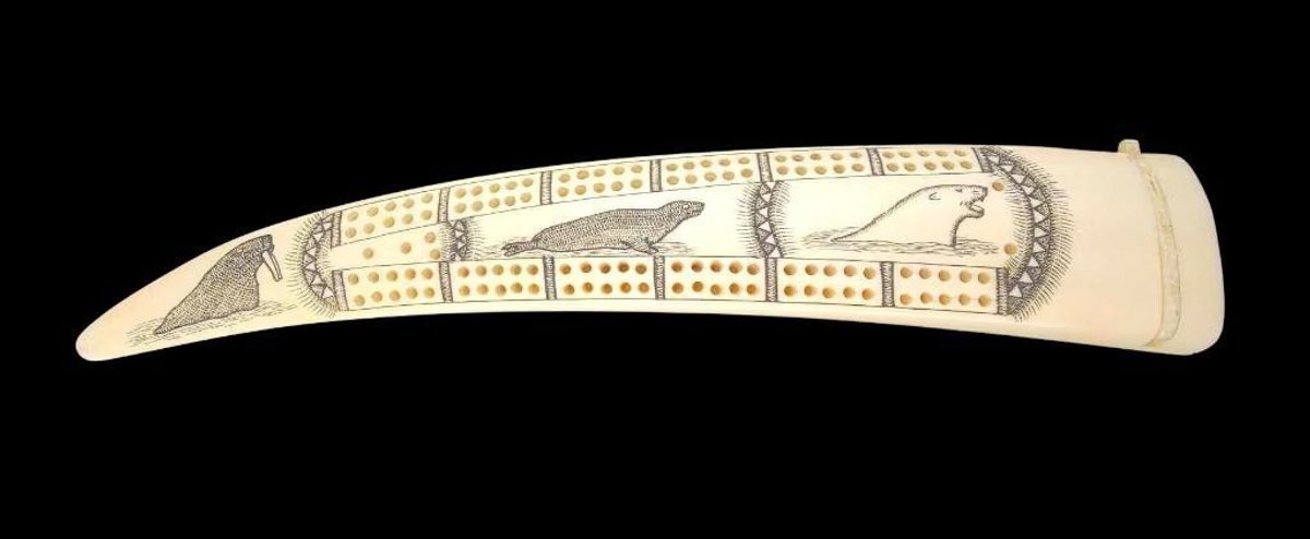 19.5" King Island Eskimo Scrimshaw Walrus Tusk Cribbage Board
