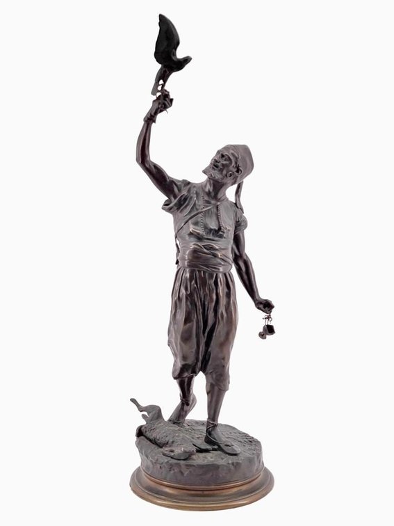 After Pierre-Jules Mene Antique Bronze Falconer Sculpture 