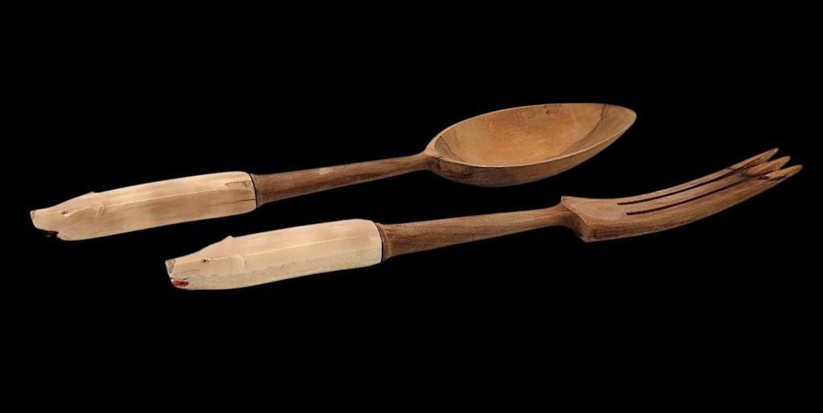 Salad Serving Set w/Fossil Walrus Tusk Figural Handles