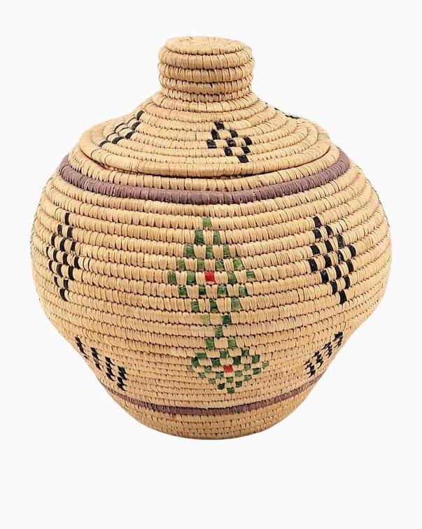 8" Yup'ik Coiled Grass Basket w/Dyed Seal Gut