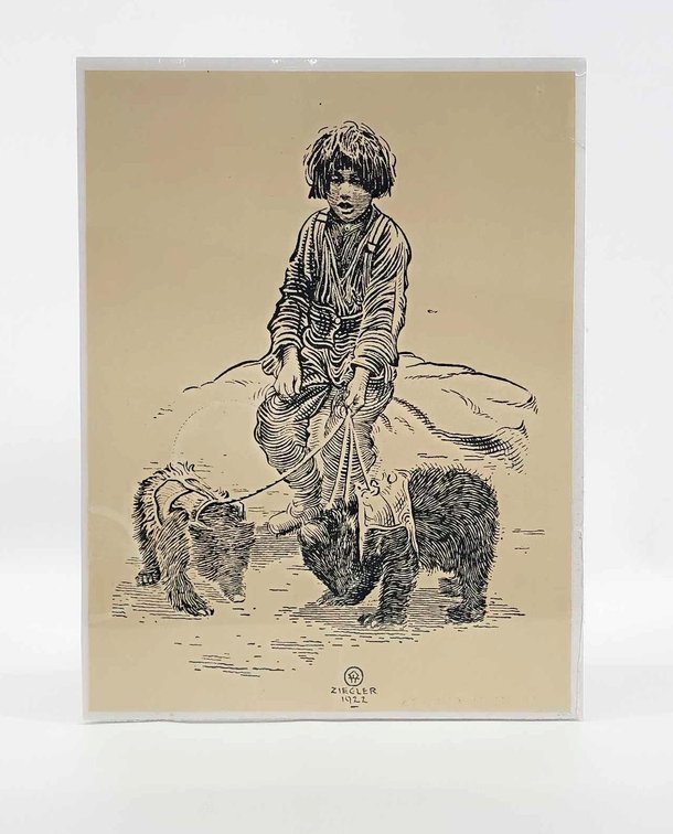 Eustace Ziegler Etching of Boy w/Bear Cubs