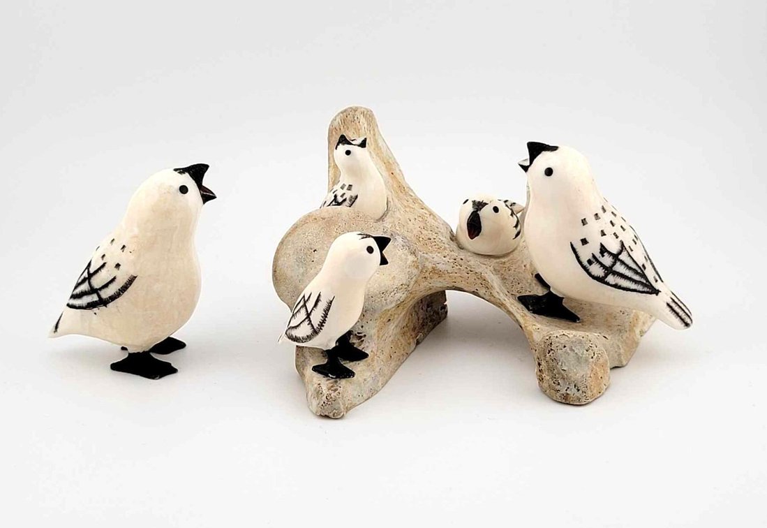 Eskimo Carved Walrus Tusk Snow Birds