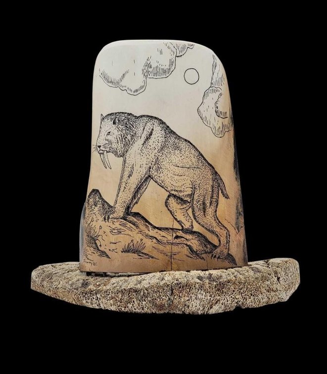 Mammoth Tusk Scrimshaw Display of Saber Toothed-Cat