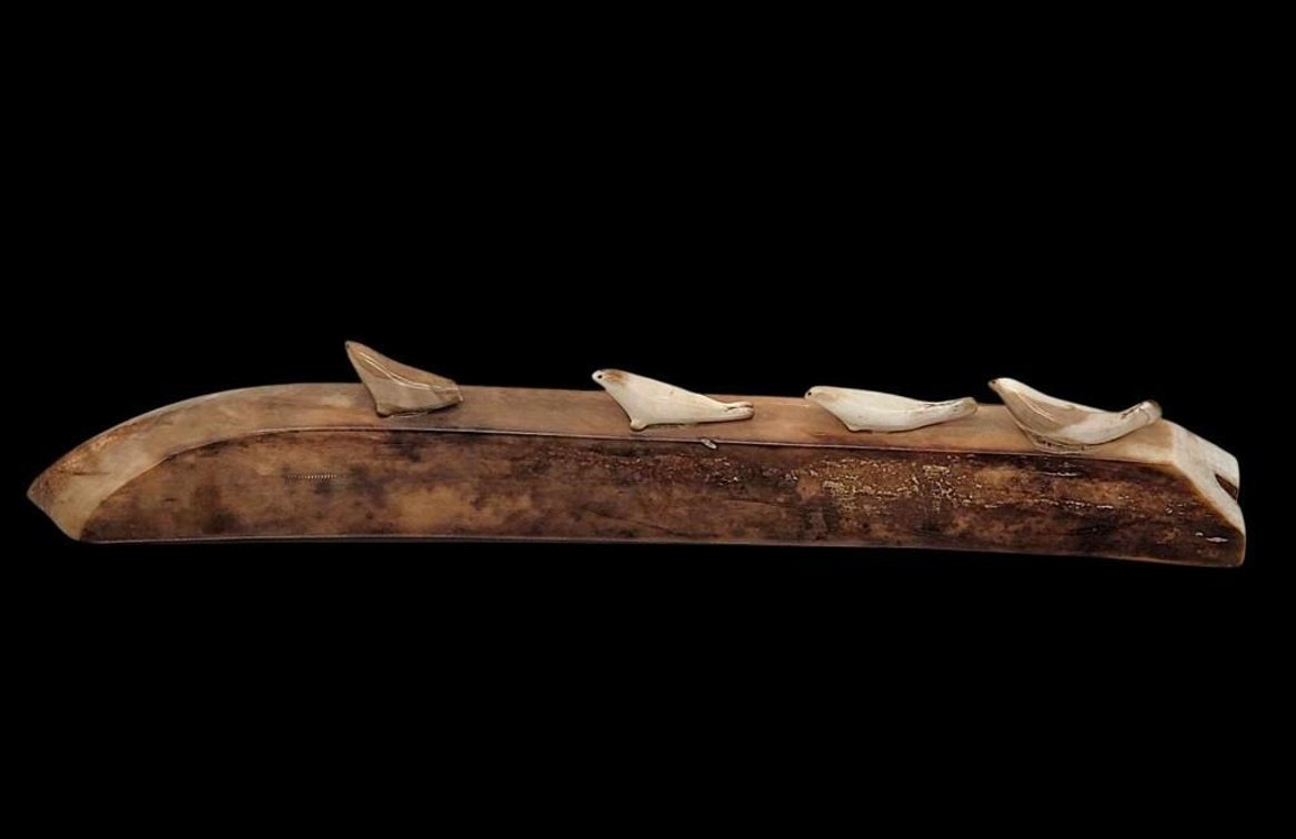 Walrus Tusk Diorama of Seals on Sled Runner Artifact Base
