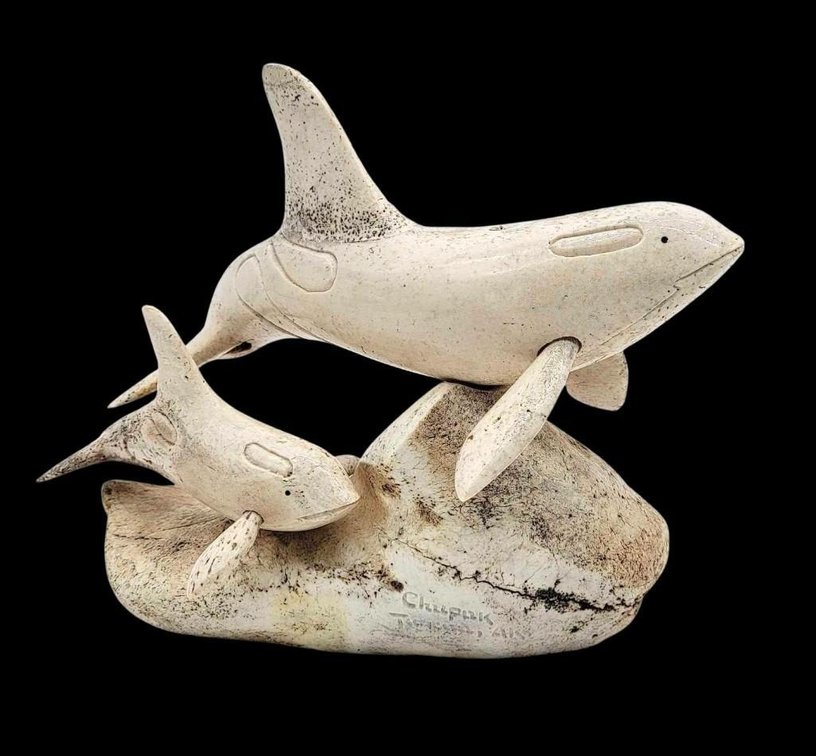 Whalebone Carving of Orca Mother & Child