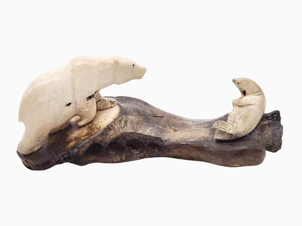 Walrus Jawbone Diorama of Polar Bear Hunting Seal