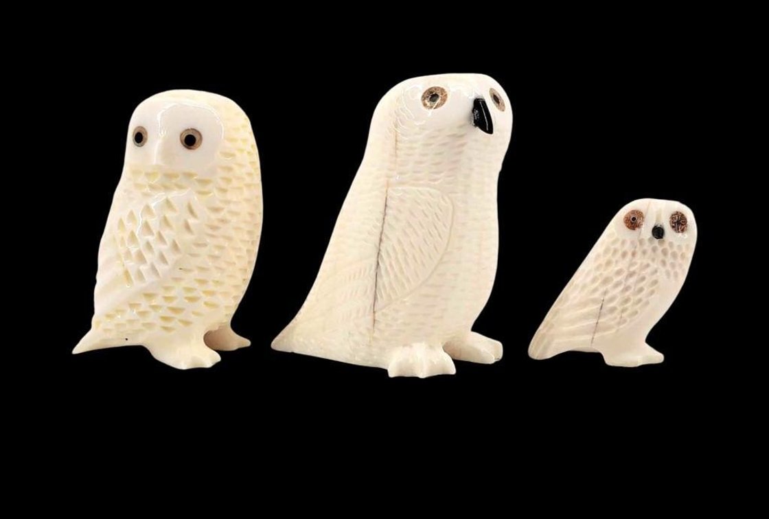 Three Eskimo Walrus Tusk Owl Carvings 