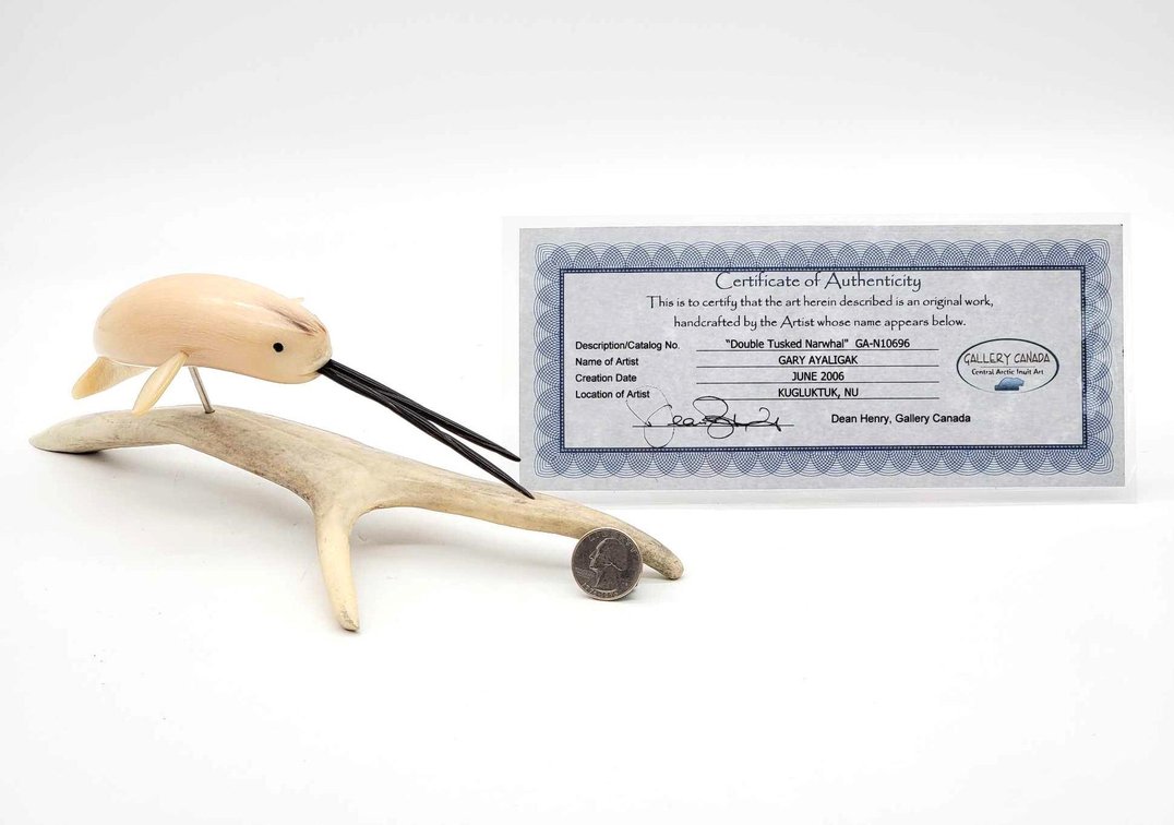 Inuit Double Tusked Narwhal Walrus Tusk Carving by Gary Ayaligak