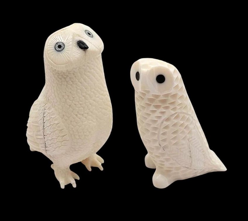 Two Eskimo Carved Walrus Tusk Owl Figurines