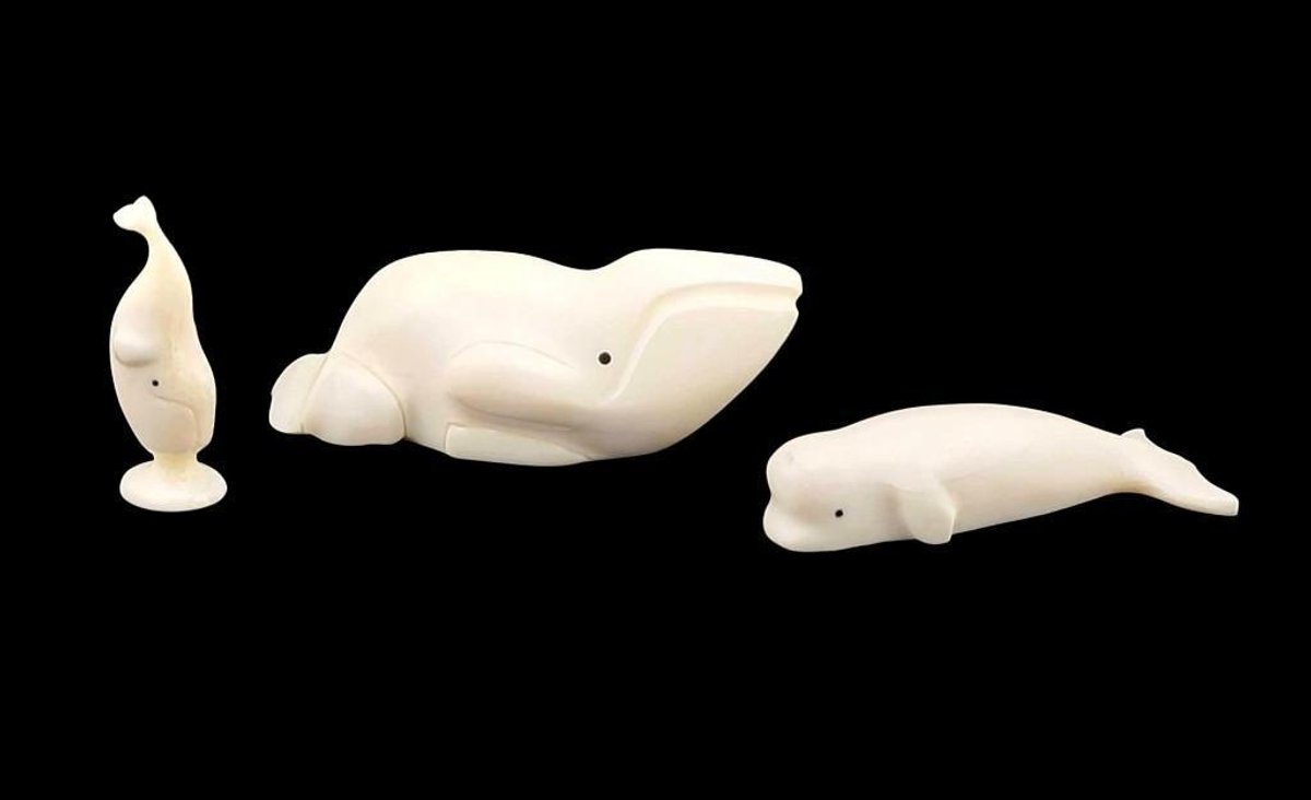 Three Eskimo Carved Walrus Tusk Whale Figurines
