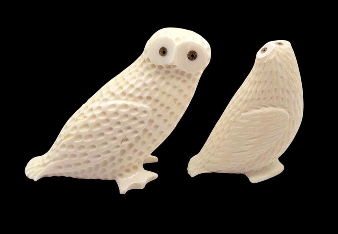 Two Eskimo Walrus Tusk Carvings of Owls 