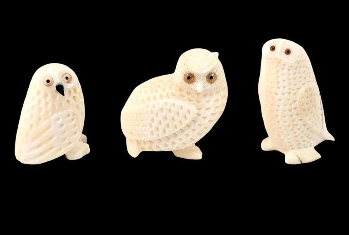 Three Eskimo Walrus Tusk Carvings of Owls 