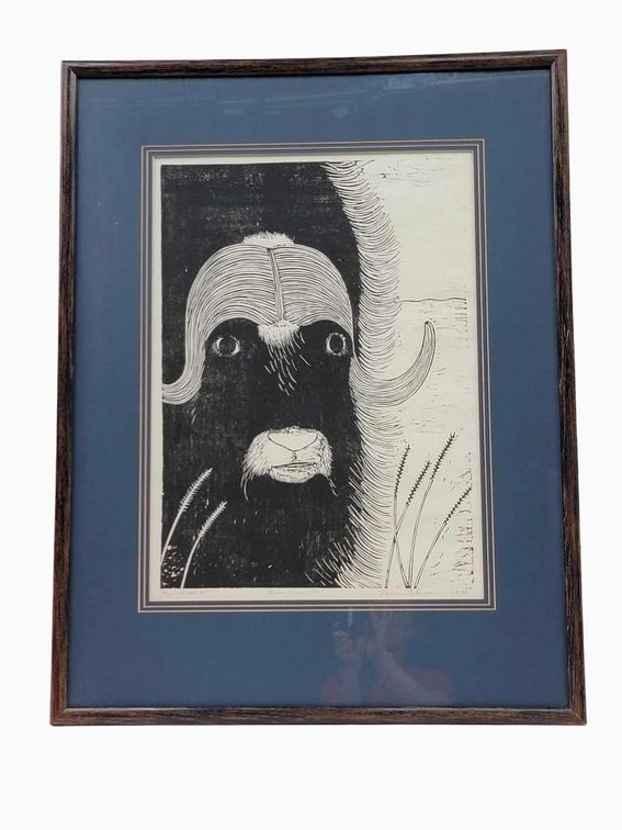 Melvin Olanna "Bull Musk Ox" Woodblock Print