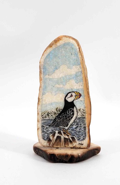 Dennis Sims Puffin Scrimshaw Fossil Ivory