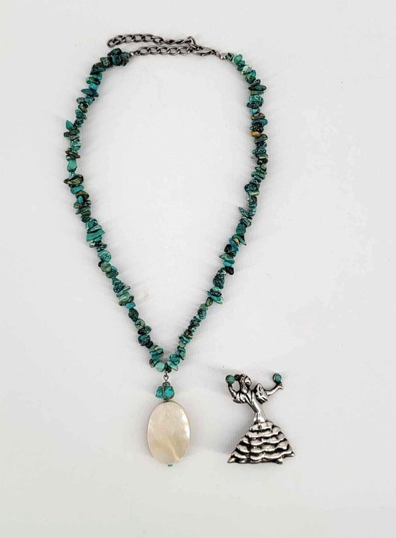 Silver Pin & Turquoise Necklace 