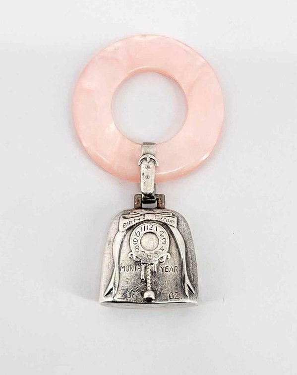 Sterling Silver & Pink Abalone Baby Rattle/Teether