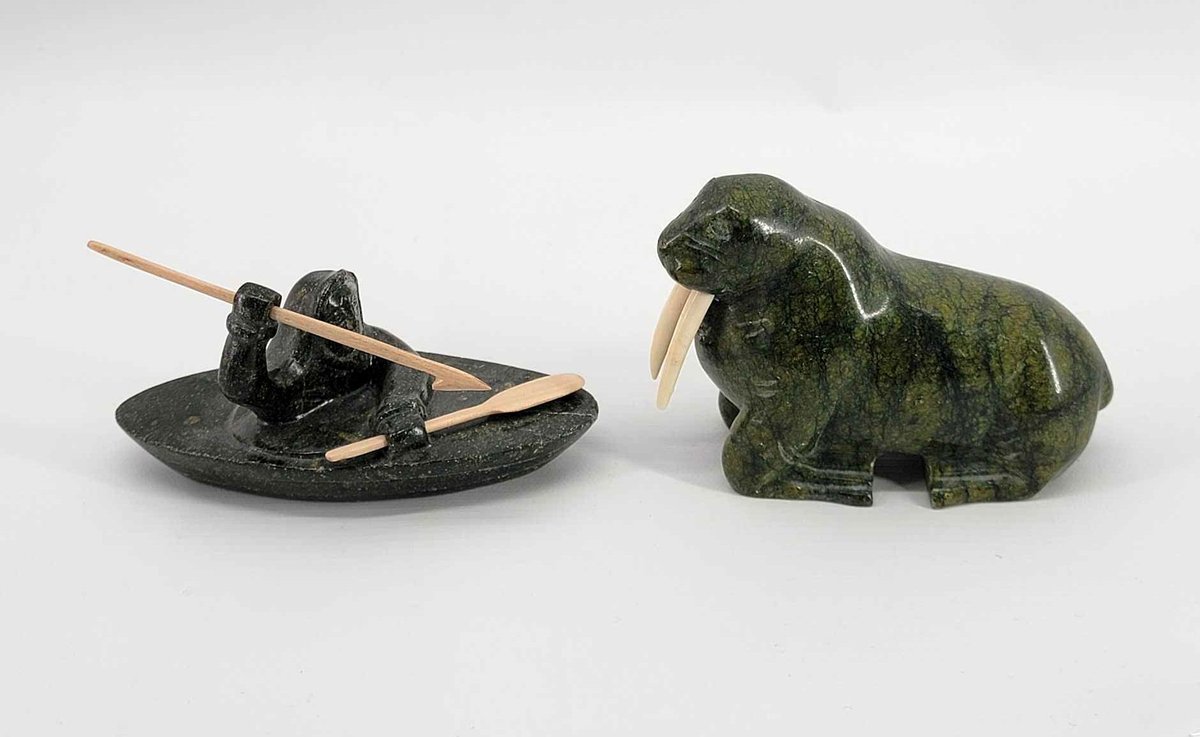 Soapstone Walrus & Kayak Hunter Carvings