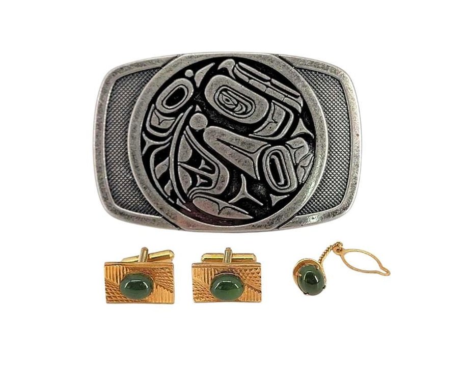 Haida Belt Buckle, Jade Cuff Links & Matching Tie Tack