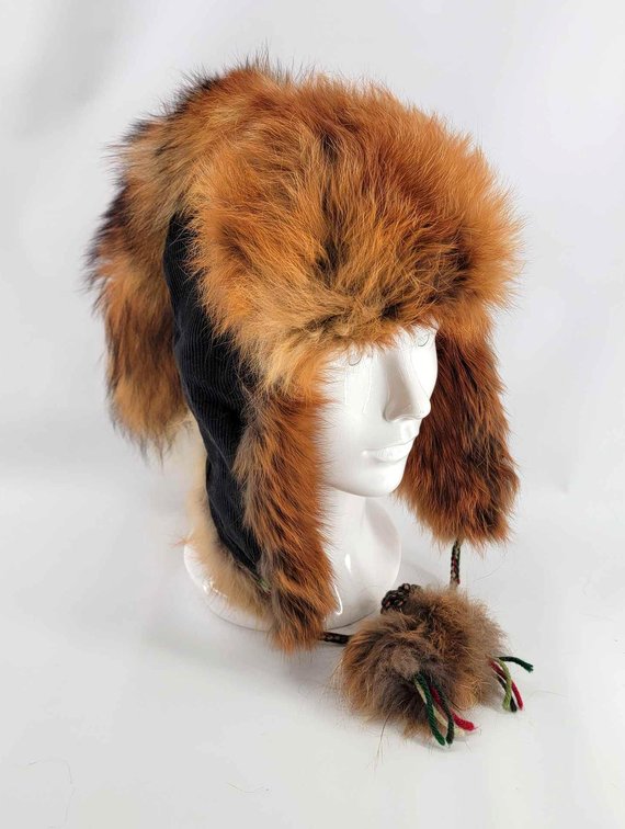 Red Fox Fur Trapper Hat w/ Tail