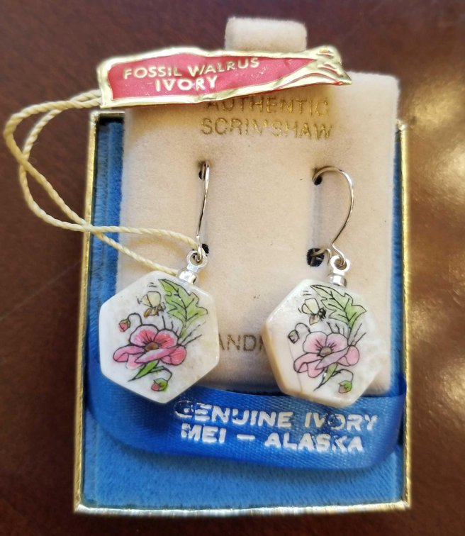 Vintage fossilized walrus ivory scrimshaw earrings