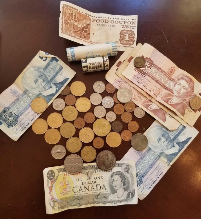 Misc. foreign currency and old rolls of US nickels