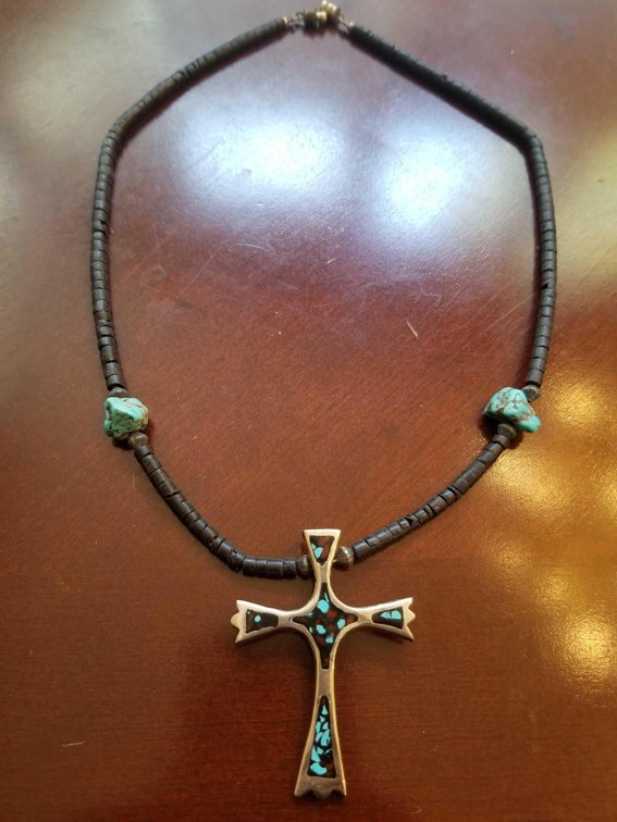 Vintage silver and turquoise cross pendant with beaded necklace