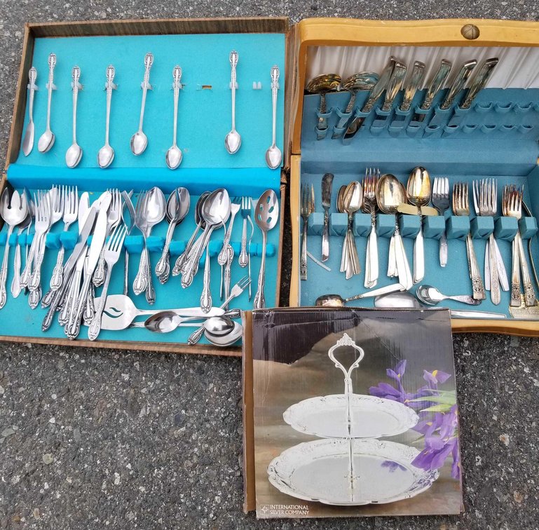 Old silver plated flatware sets and display piece