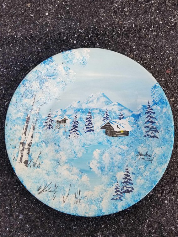 Painted Alaskan winter scene on gold pan