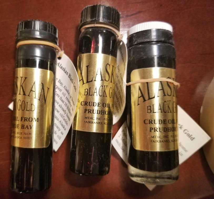 Three vintage vials of Prudhoe Bay crude oil