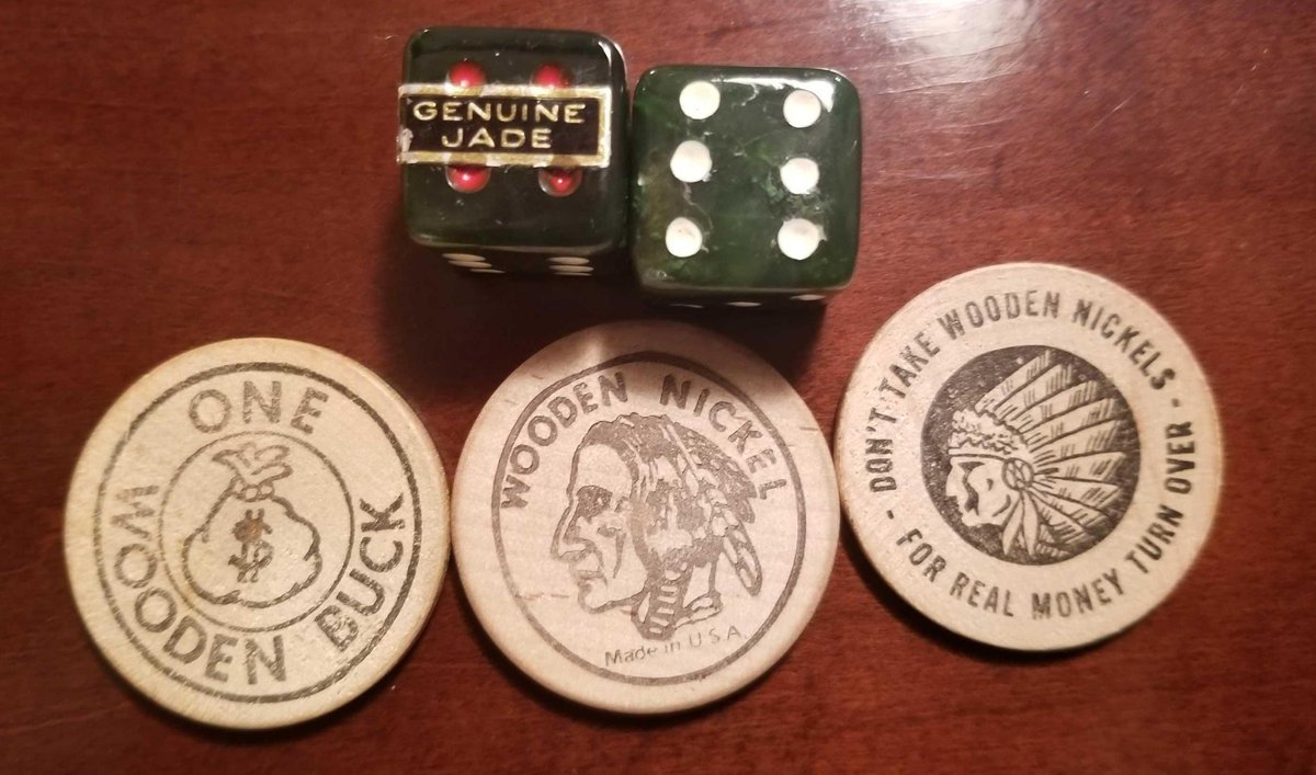 Pair of Jade dice & three wooden nickel collectible tokens 