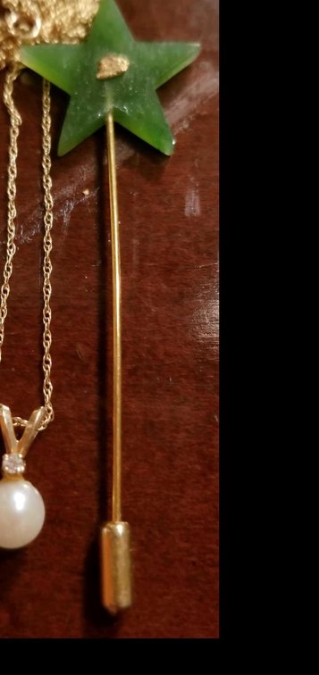 14K gold diamond and pearl pendant and chain with gold nugget and Jade stick pin 