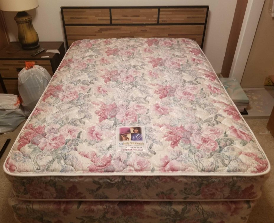 Full size Sealy Posturepedic bed, box spring, and bed frame 