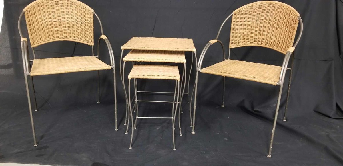 Set of woven wicker and metal furniture 