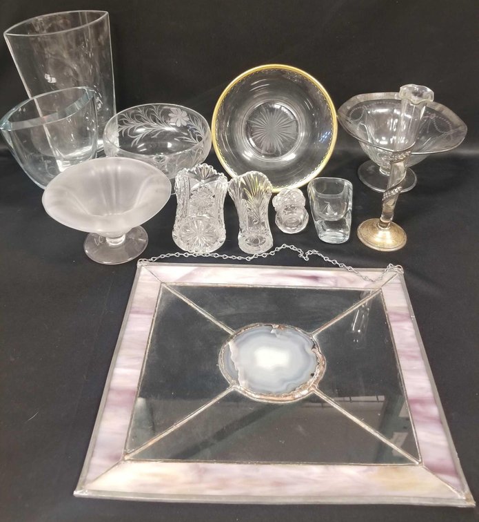 Lot of quality glassware including sterling silver based trumpet vase, stain glass panel, etc. 