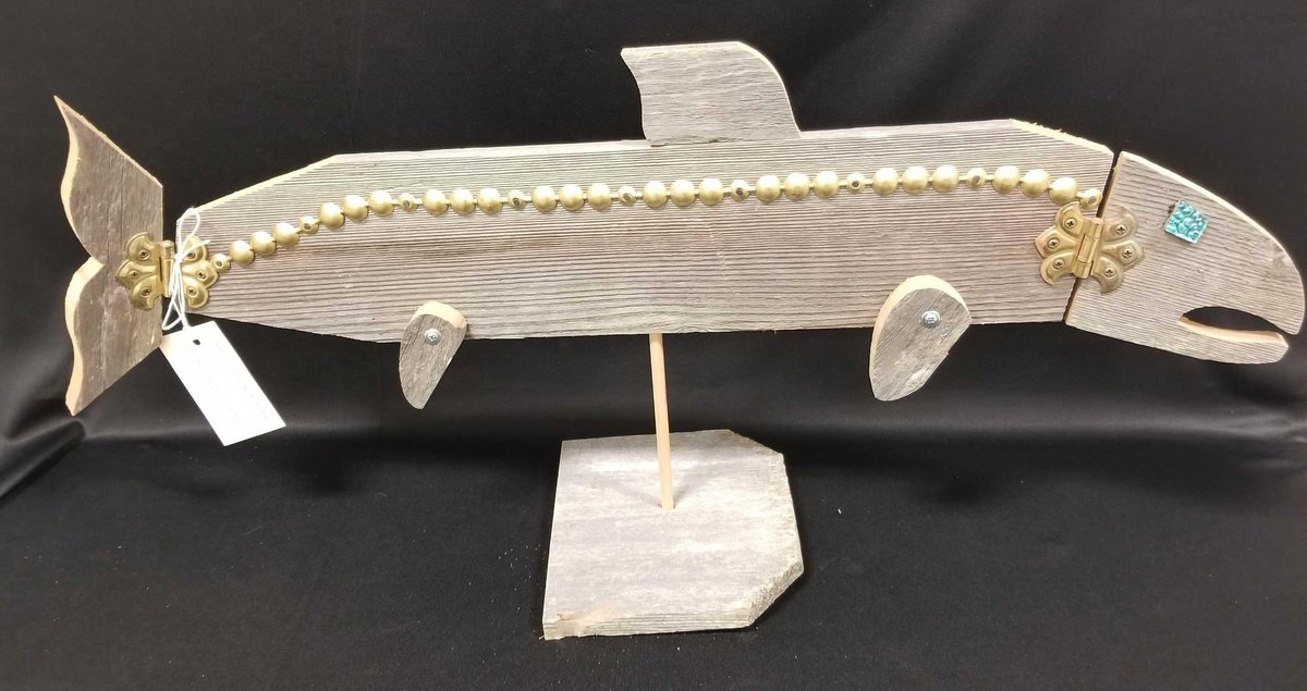 Handmade in Alaska articulating cedar fish sculpture 
