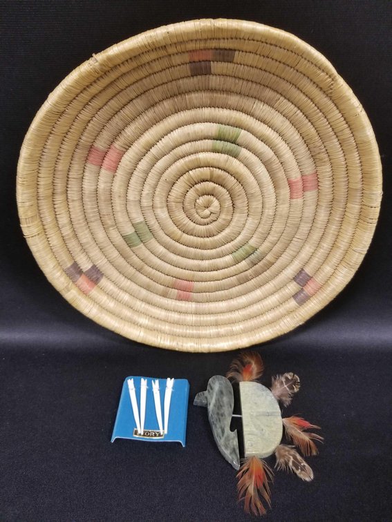 Vintage woven and dyed grass Eskimo tray, Amy Nelson soapstone mask, vintage ivory picks