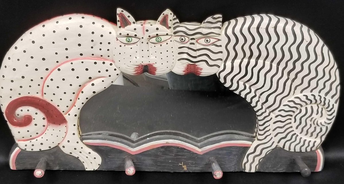 Carved and painted cat coat hanger with mirror