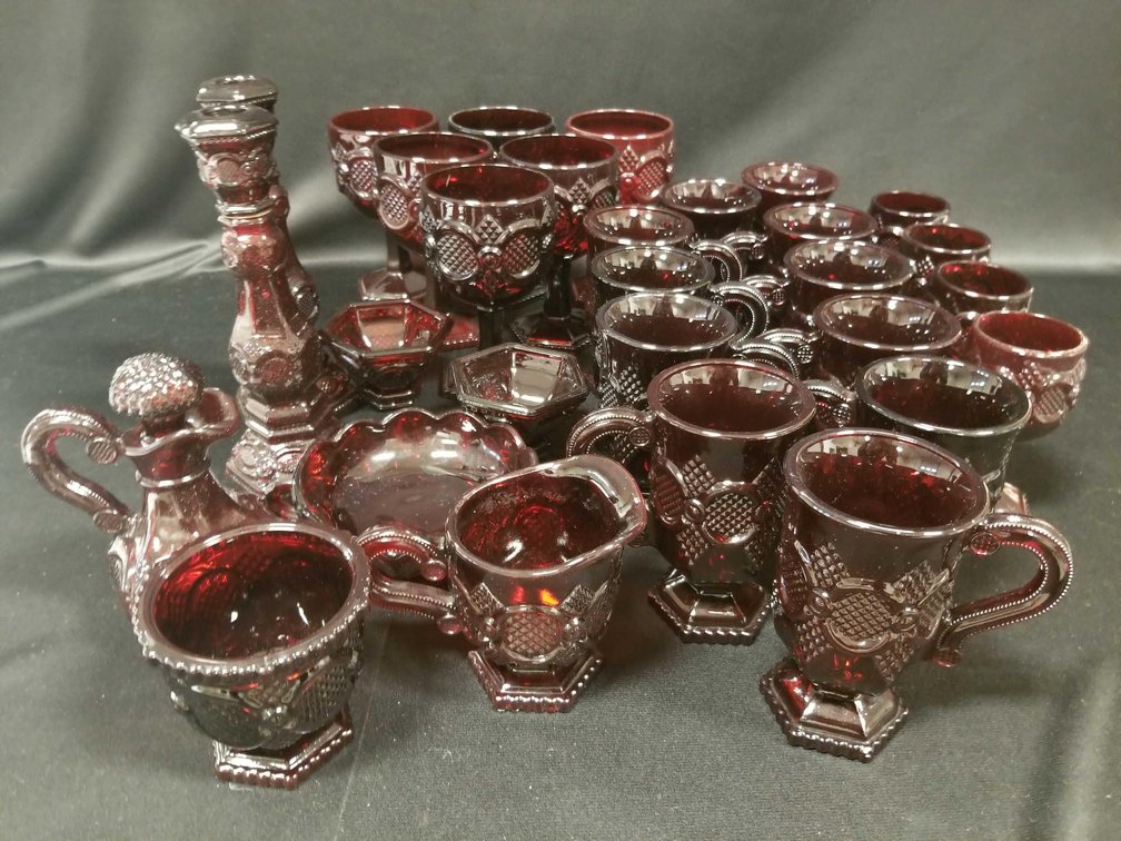 29 pieces of Avon Cape Cod dark red glassware 