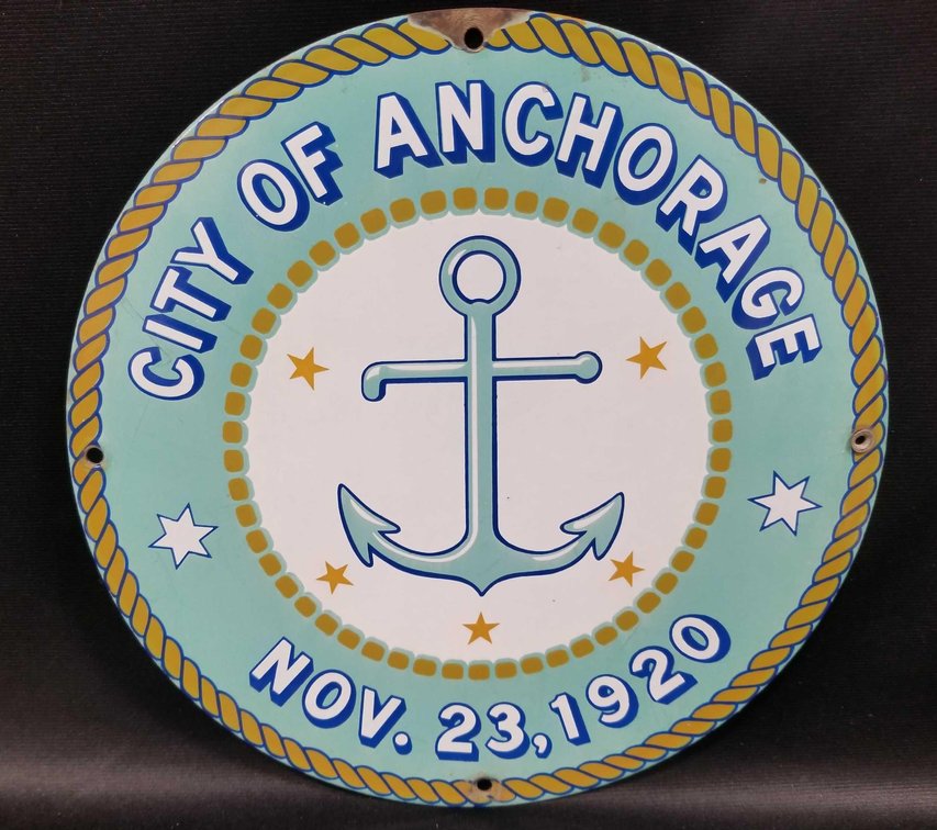 Scarce City of Anchorage enameled porcelain metal wall plaque 