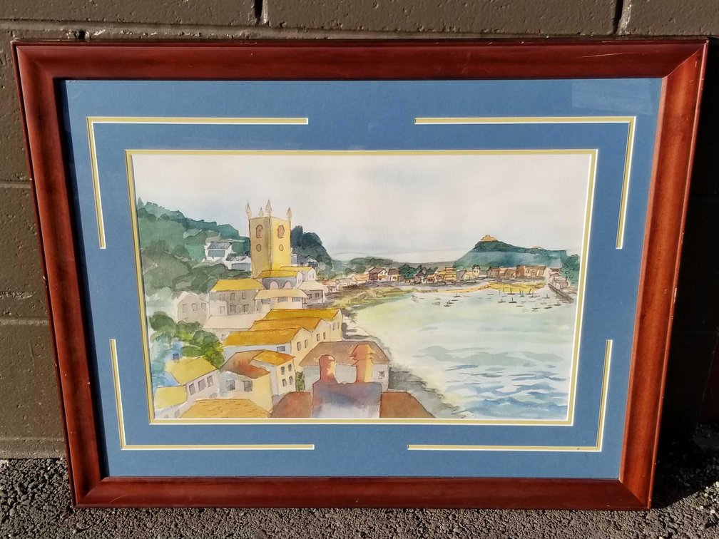 Original watercolor depicting oceanfront town scene 