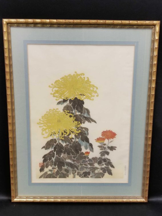 Woodblock on silk framed print 