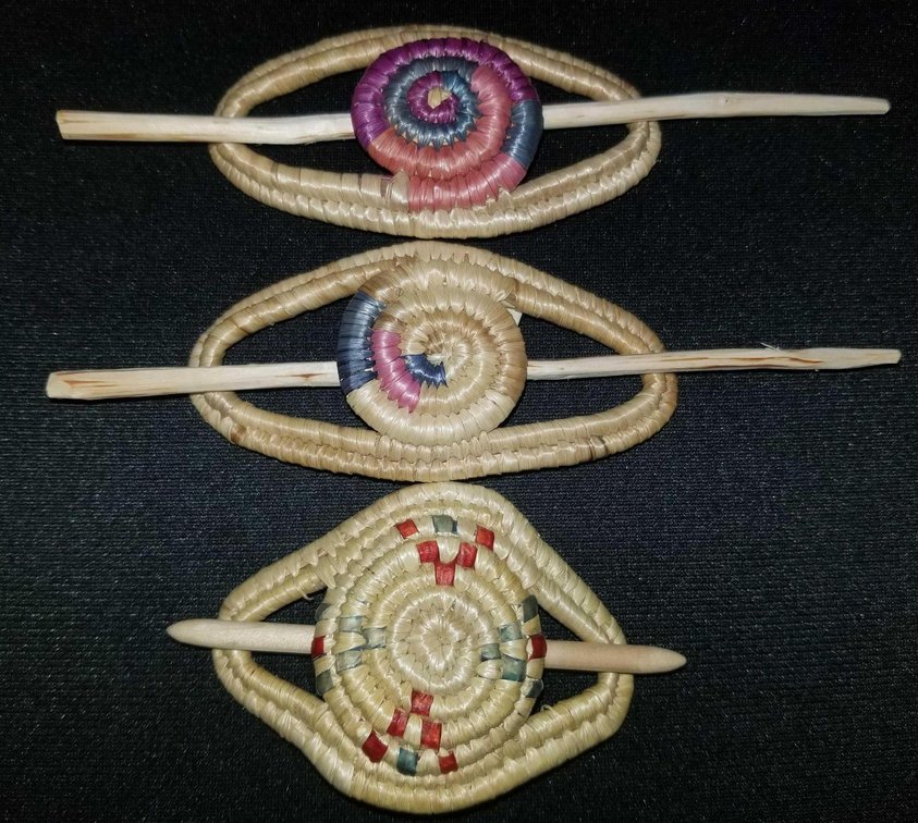 Three Yupik woven and dyed grass barrettes 