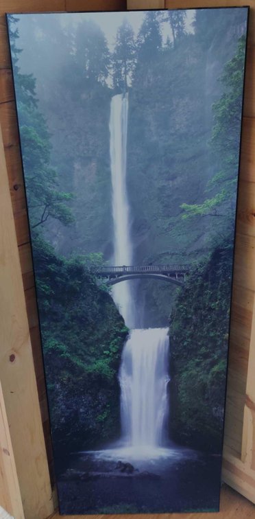 Bridge over a waterfall print on wood