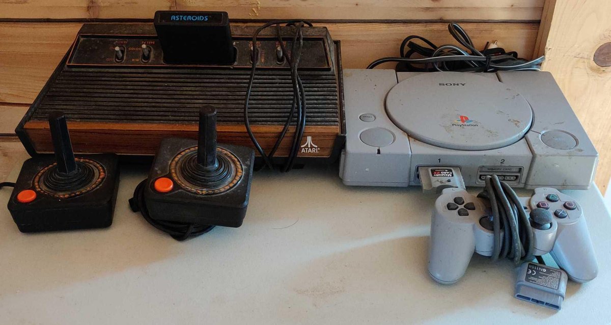 Retro gaming consoles including original Atari 