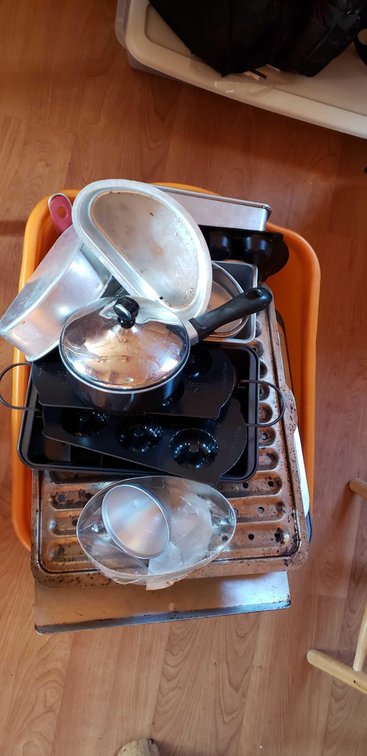 Unsorted tote of kitchenware