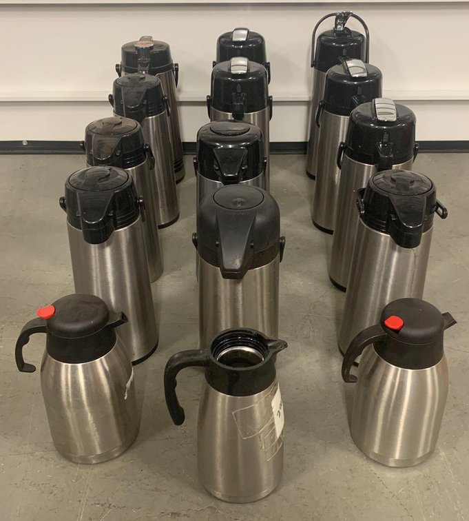 15 assorted insulated dispensers/coffee pots 