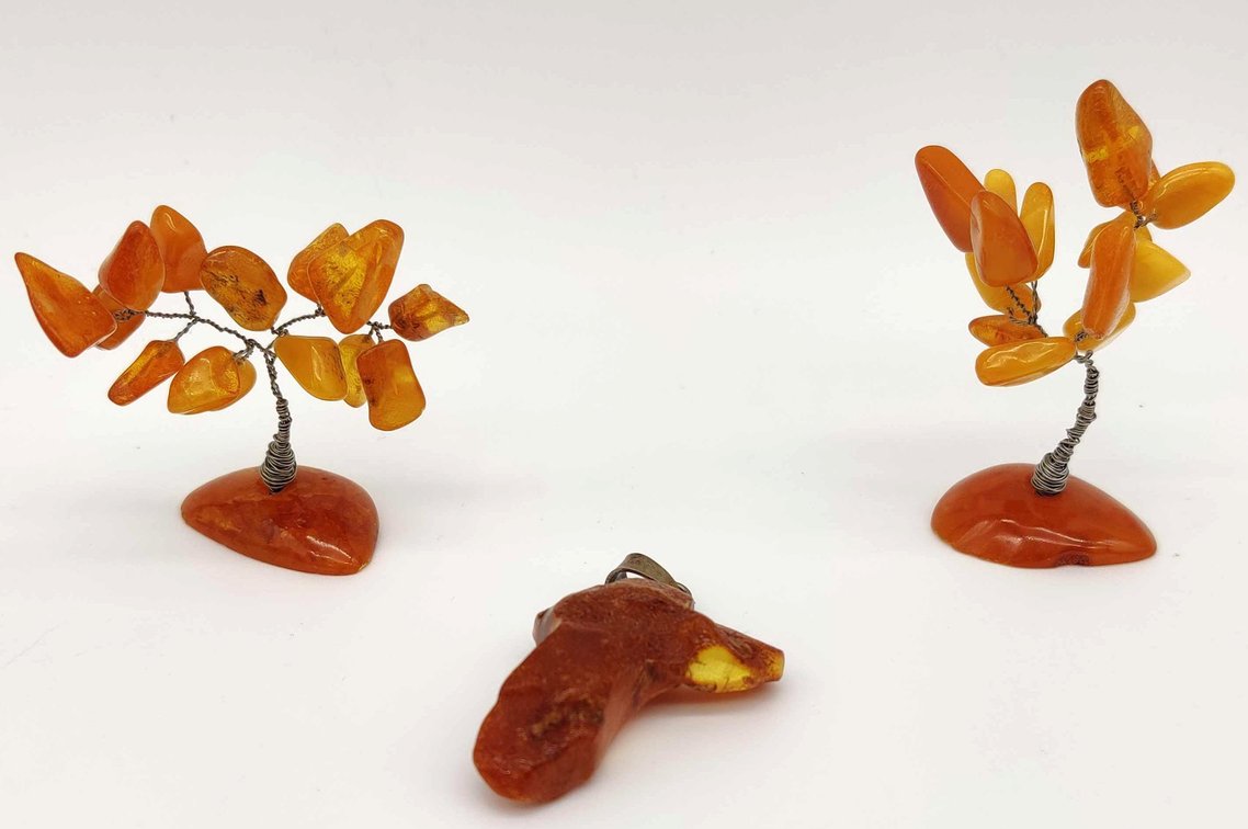 Miniature Amber Wire Trees and Amber Pendant