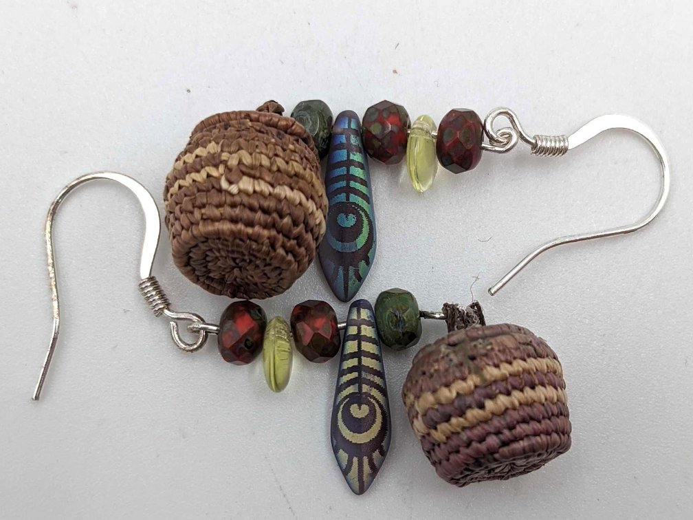Miniature Woven Grass Basket Earrings 