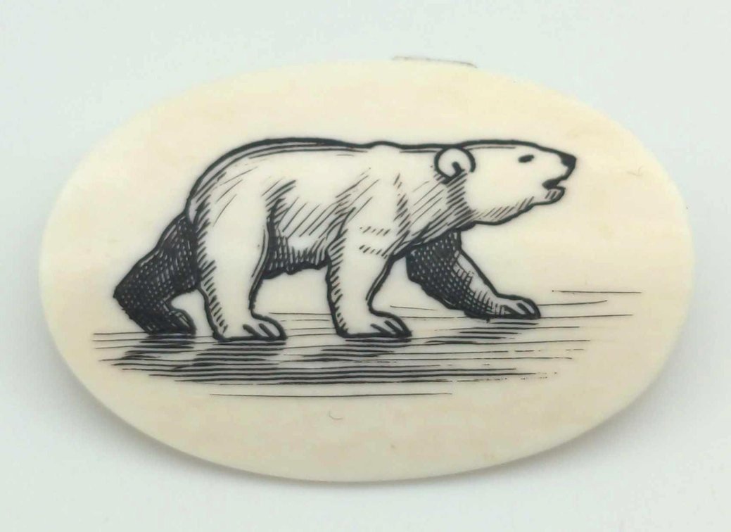 Scrimshaw Polar Bear Walrus Ivory Brooch